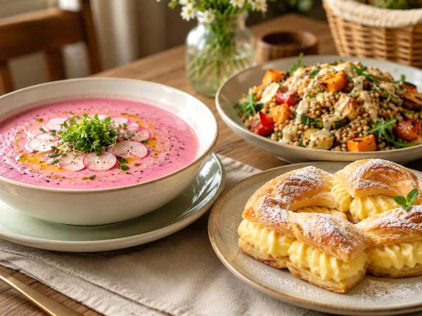 Menú vegetariano, 6 de agosto: Sopa fría de rábano, ensalada cremosa de espelta y lazos de crema