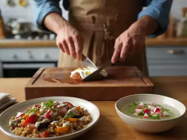 Menú vegetariano, 6 de agosto: Sopa fría de rábano, ensalada cremosa de espelta y lazos de crema