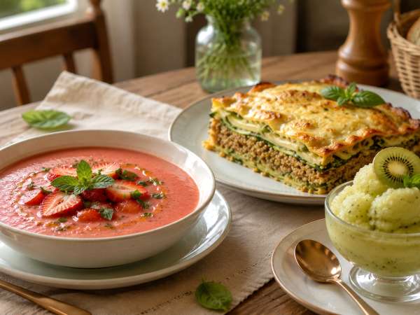 Menú vegetariano, 9 de agosto: Sopa fría de fresas y tomate, lasaña de calabacín y sorbete de kiwi