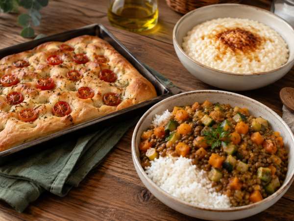 Menú vegetariano, 13 de agosto: Focaccia de tomates cherry, lentejas caseras y arroz con leche al caramelo
