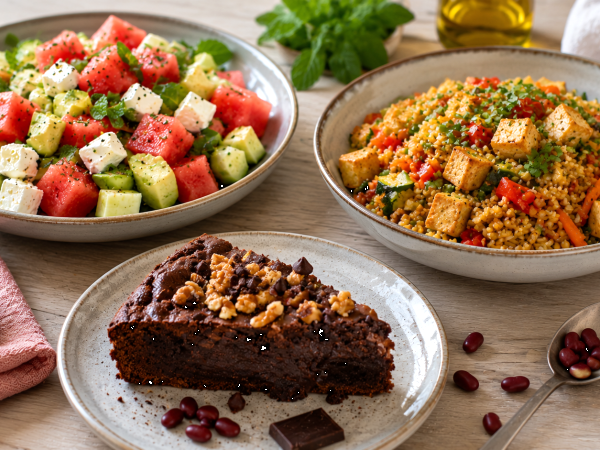 Menú vegetariano, 17 de agosto: Ensalada de sandía, feta y aguacate, bulgur y pastel de chocolate