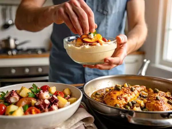 Menú diario, 29 de agosto: ensalada de pulpo, pollo con alcaparras y tiramisú de albaricoques asados