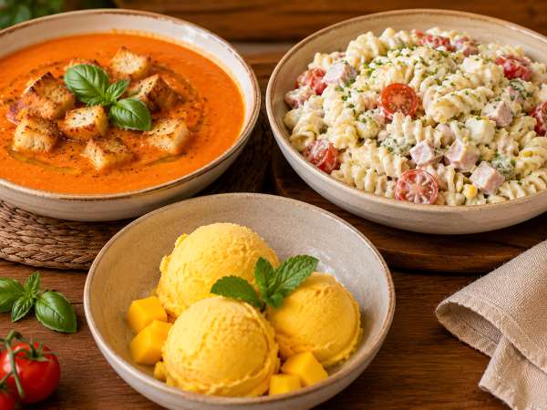 Menú vegetariano, 25 de agosto: Sopa de tomate y pan, ensalada de pasta y helado de mango sin heladera