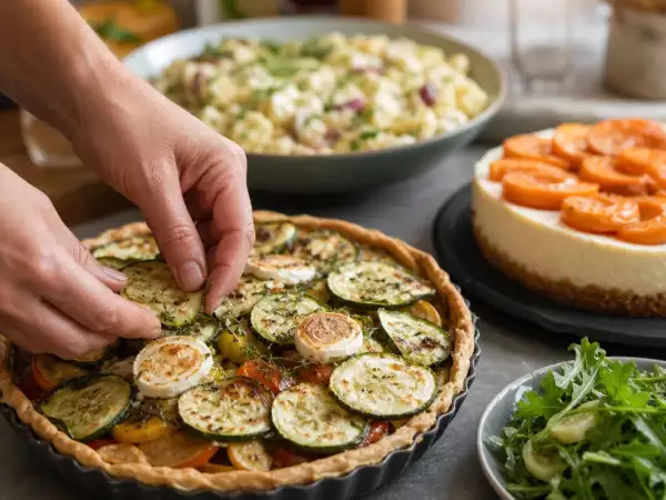 Menú diario, 1 de septiembre: tarta de hortalizas, ensalada de patata y cheesecake de albaricoques