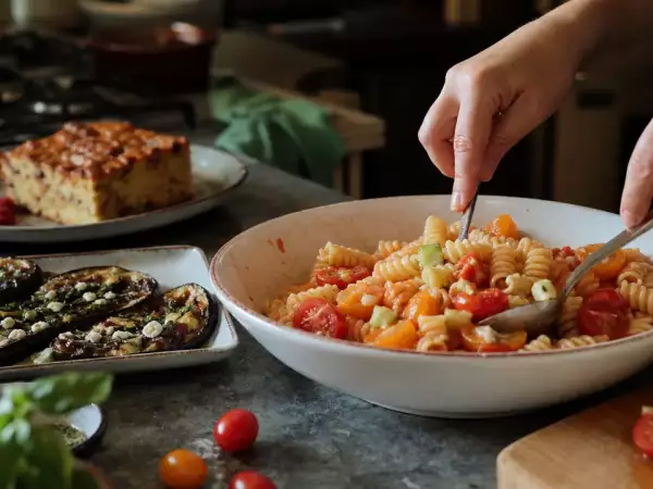 Menú diario, 4 de septiembre: berenjenas al horno, pasta fría con gazpacho y pastel de pan