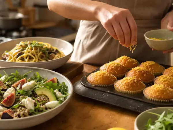Menú diario, 14 de septiembre: ensalada agridulce, pasta umami y magdalenas de aceite de oliva