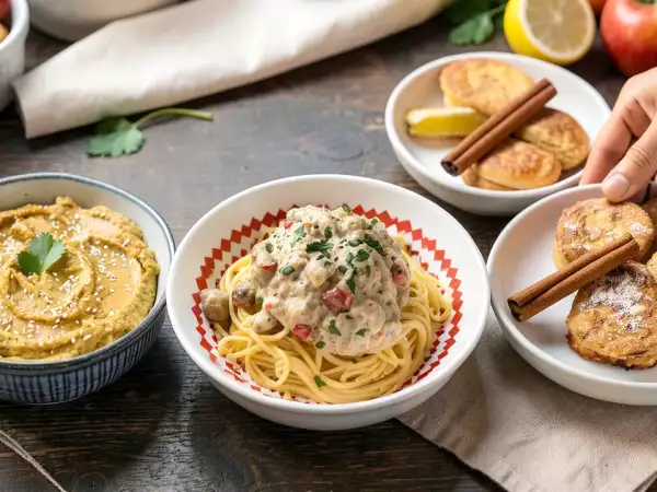 Menú diario, 17 de septiembre: hummus de zanahoria, espaguetis con carbonara de berenjena y pastelitos de manzana exprés