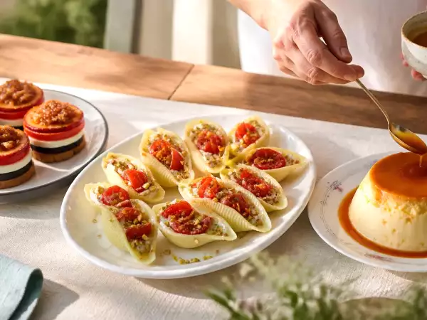 Menú vegetariano, 1 de septiembre: Milhojas de verdura y queso, conchiglioni rellenos y flan de huevo casero