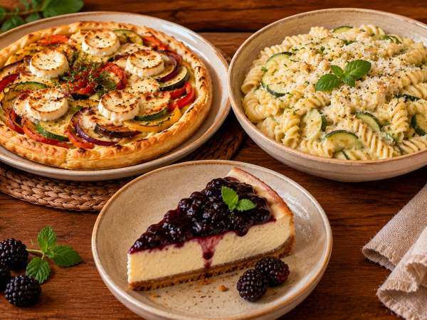 Menú vegetariano, 4 de septiembre: Tarta de hortalizas, pasta cremosa con calabacines y tarta de queso y mermelada