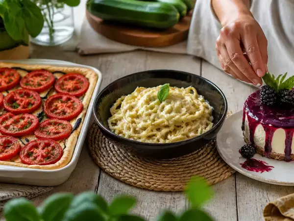 Menú vegetariano, 4 de septiembre: Tarta de hortalizas, pasta cremosa con calabacines y tarta de queso y mermelada