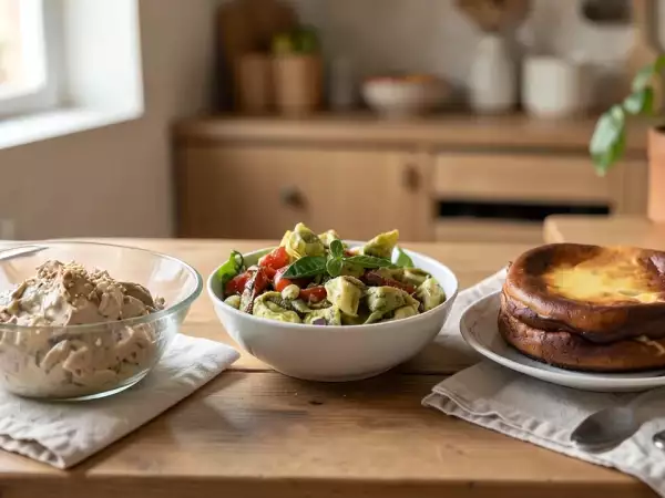 Menú vegetariano, 5 de septiembre: Crema de berenjenas, ensalada fría de tortellini y cheesecake sin masa
