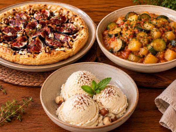 Menú vegetariano, 10 de septiembre: tarta salada de higos y queso de cabra, estofado de calabacín y patatas y helado de mascarpone
