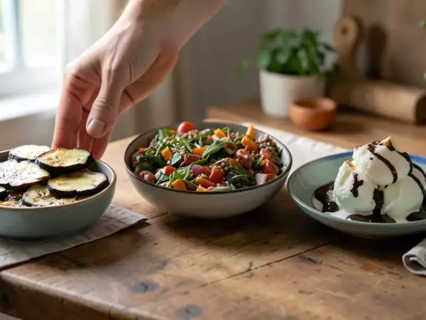 Menú vegetariano, 15 de septiembre: Berenjenas al horno con miel, ensalada de lentejas y dama blanca, helado de vainilla y chocolate