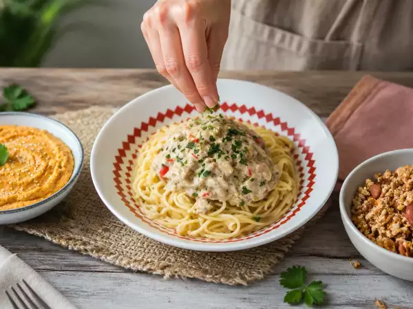 Menú vegetariano, 24 de septiembre: Hummus de zanahoria, espaguetis con carbonara de berenjena y muesli casero