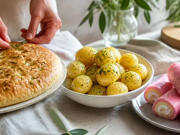 Menú vegetariano, 25 de septiembre: Focaccia de romero, patatas salteadas y pantera rosa caseras