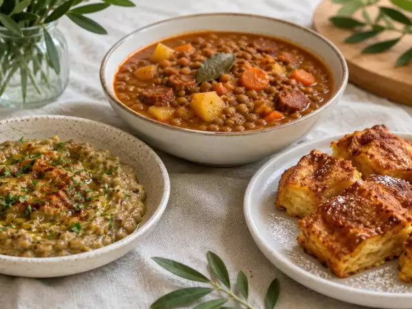 Menú vegetariano, 27 de septiembre: Caviar de berenjena, guiso de lentejas y pan perdido de croissants al horno