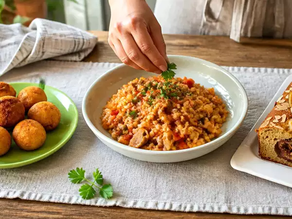 Menú vegetariano, 28 de septiembre: Bolitas de puré de patata, arroz con tomate y champiñones y bizcocho de higos y almendras