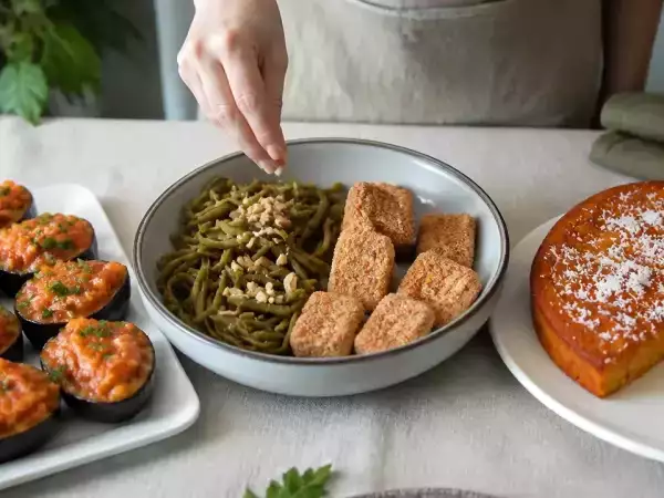 Menú vegetariano, 24 de octubre: Berenjenas con tomate y ajo, nuggets de tofu y pastel de batata y coco