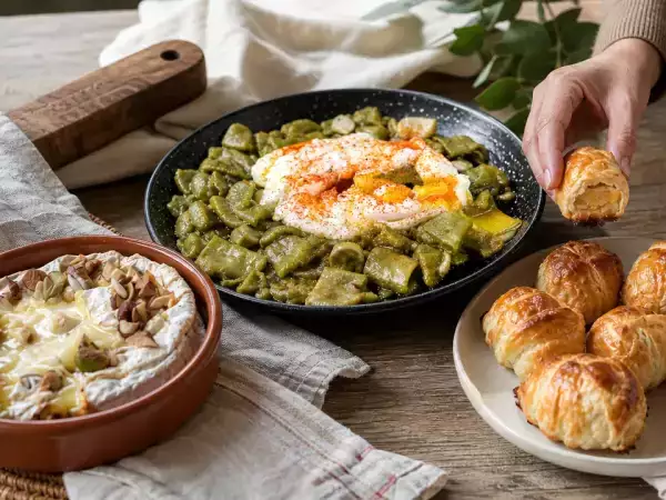 Menú diario, 29 de octubre: camembert al horno, habas tiernas y mini croissants de cabello de ángel