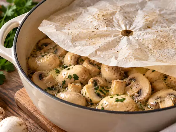 ¿Por qué algunos cocineros franceses ponen un círculo de papel de horno sobre los champiñones?
