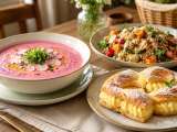 Artículos: Menú vegetariano, 6 de agosto: Sopa fría de rábano, ensalada cremosa de espelta y lazos de crema