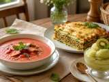 Artículos: Menú vegetariano, 9 de agosto: Sopa fría de fresas y tomate, lasaña de calabacín y sorbete de kiwi