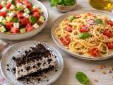 Artículos: Menú vegetariano, 14 de agosto: Ensalada de sandía y pepino, espaguetis con tomate cherry y tarta helada de galletas