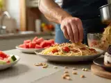 Artículos: Menú vegetariano, 14 de agosto: Ensalada de sandía y pepino, espaguetis con tomate cherry y tarta helada de galletas
