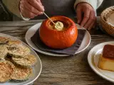 Artículos: Menú vegetariano, 19 de octubre: Berenjenas crujientes, fondue de calabaza y queso y pudin de pan