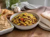 Artículos: Menú vegetariano, 22 de octubre: Paté de berenjena, ensalada proteica de quinoa y milhojas de merengue