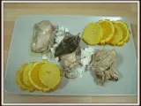 Receta Pollo en pepitoria con guarnición dulce de patata y naranja