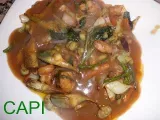 Receta Cigalas y solomillo salteados con verduras al wok.