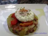 Receta Timbal de patata y cebolla con butifarra esparracada, pimiento