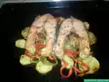 Receta Salmón al horno con base de patatas y pimientos