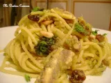 Receta Spaguetti con pescado azul, pasas de uva y piñones en baño de azafràn e hinojos.