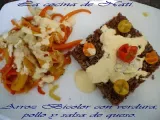 Receta Arroz bicolor con verduras, pollo y salsa de queso.