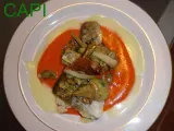 Receta Lomos de bacalao sobre salsa de piquillos con verduras y espima de pil-pil