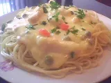 Receta Spaghettis con tiras de pollo y vegetales a la bechamel