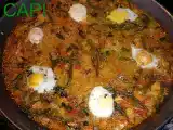 Receta Arroz de verduras y emperador con huevos de codorniz.