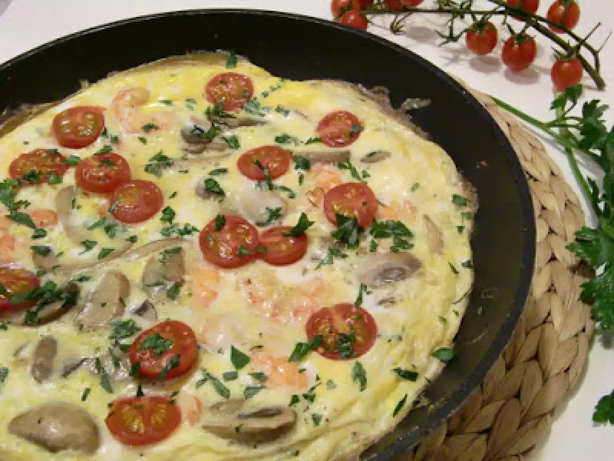Receta Frittata de gambas, champis y tomates cherry