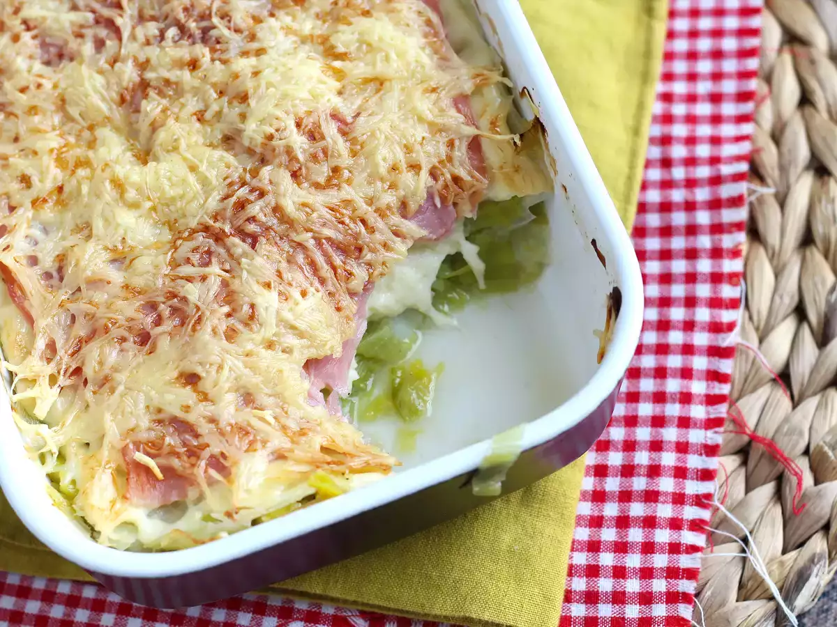 Receta Puerros gratinados con jamón cocido y queso