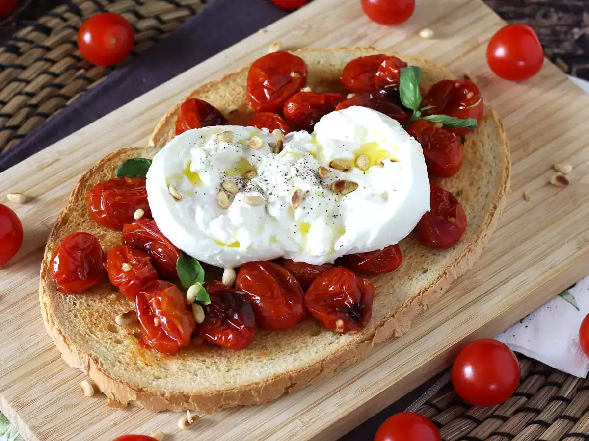 Receta Bruschetta de tomate asado y burrata