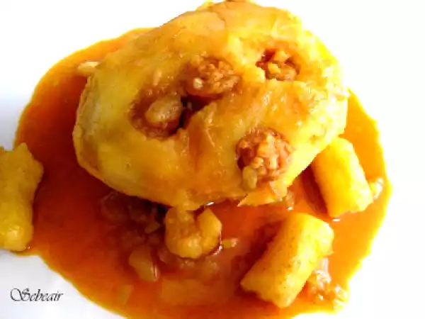 Receta Patatas rellenas de chistorra en salsa (fussioncook)