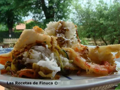 Receta Ensalada templada de arroz basmati, verduras en wok y langostinos