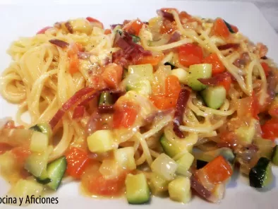 Receta Espaguetis en carbonara vegetal y jamón ibérico, receta