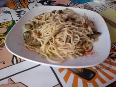 Receta Espaguetis con gambas y setas muy sabrosos