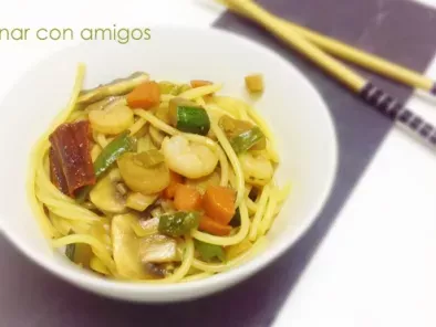 Receta Espaguetis con verdura y gambas
