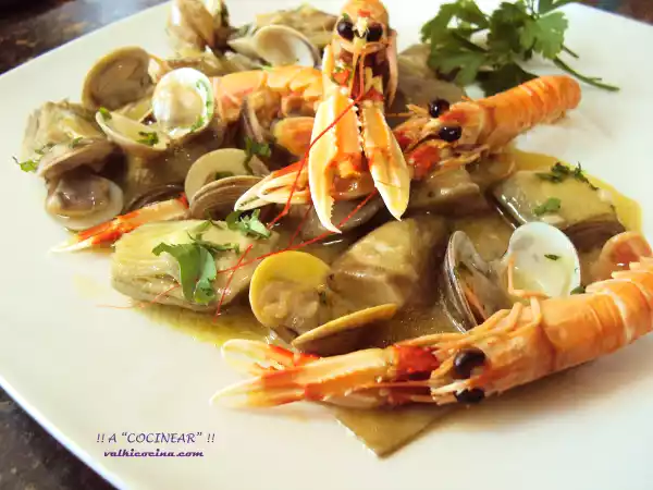 Receta Alcachofas con almejas y cigalitas
