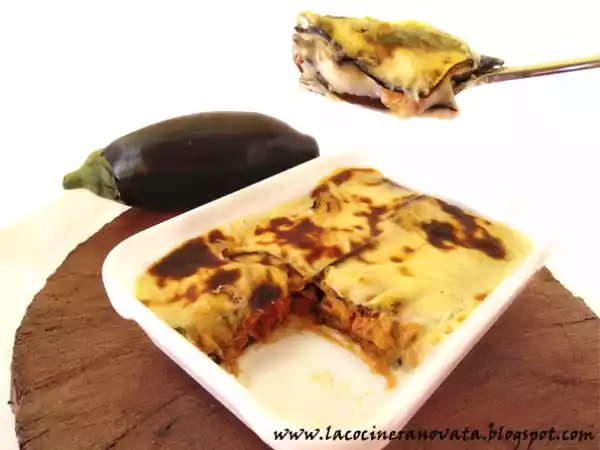 Receta Lasaña de berenjenas y bacalao al ajoarriero con queso de cabra
