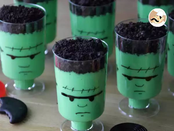 Receta Natillas frankenstein para halloween, frankenstein pudding